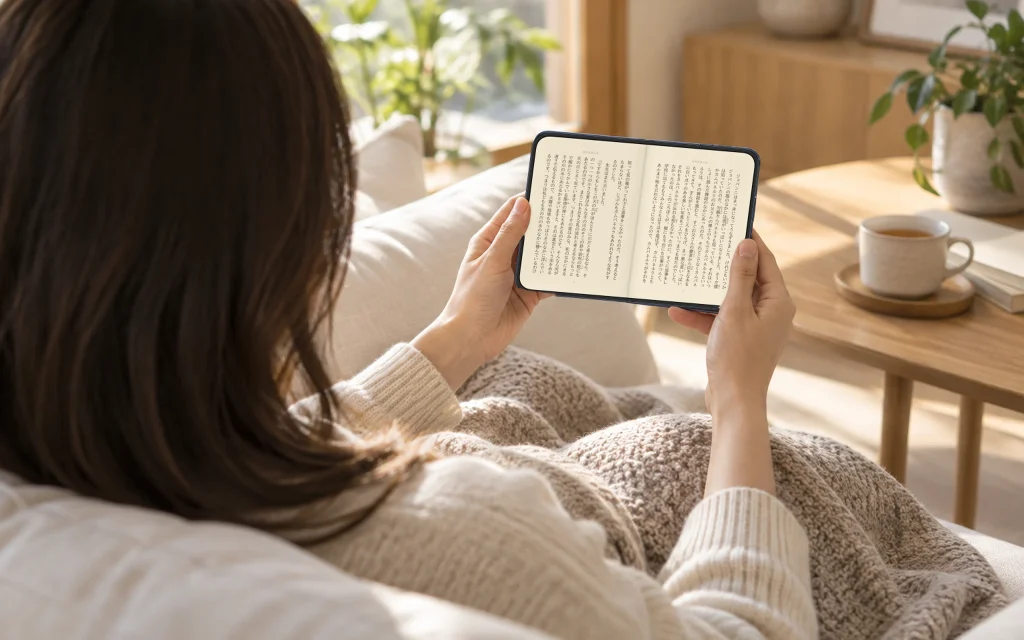 iPhone Duo をひらいて、しおりで青空文庫を読む